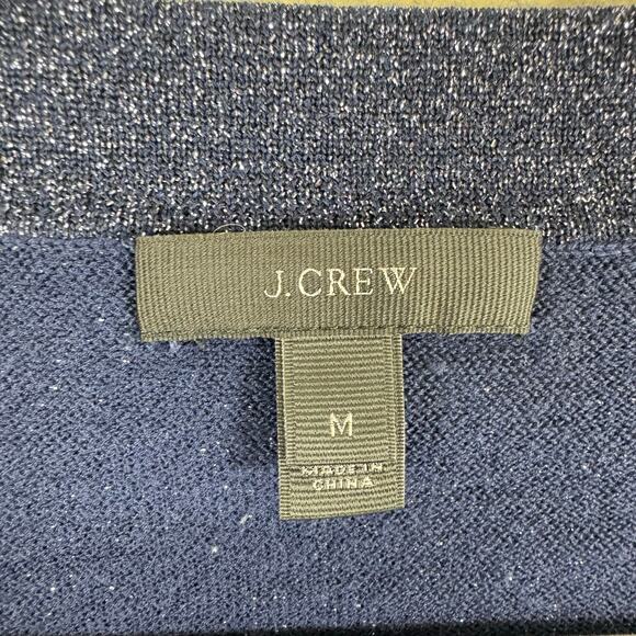 J. Crew Navy Blue Shimmery Merino Wool Blend Faux Wrap Lightweight Sweater Sz M - Picture 4 of 6